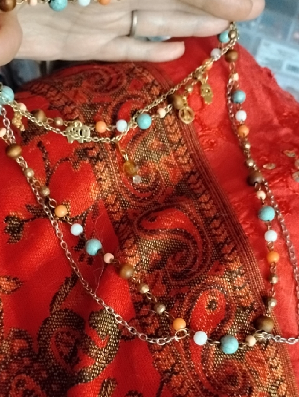 Beaded Multicolor Layered Necklace - Turquoise, Coral & Gold Accents